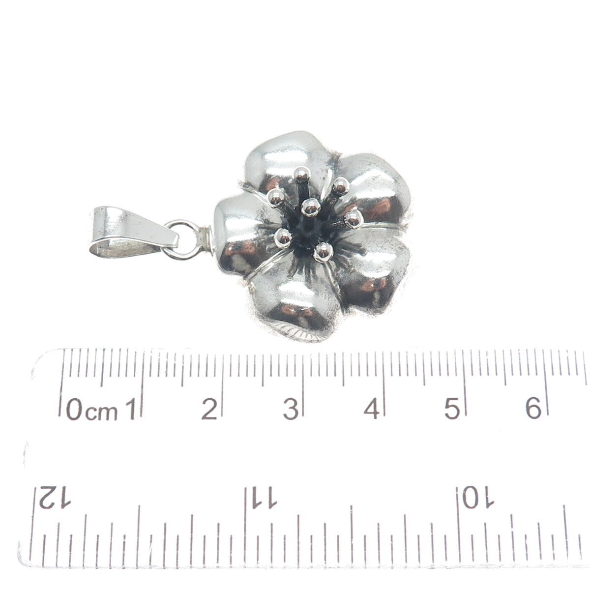 925 Sterling Silver Vintage Mexico Puffy Flower Oxidized Pendant