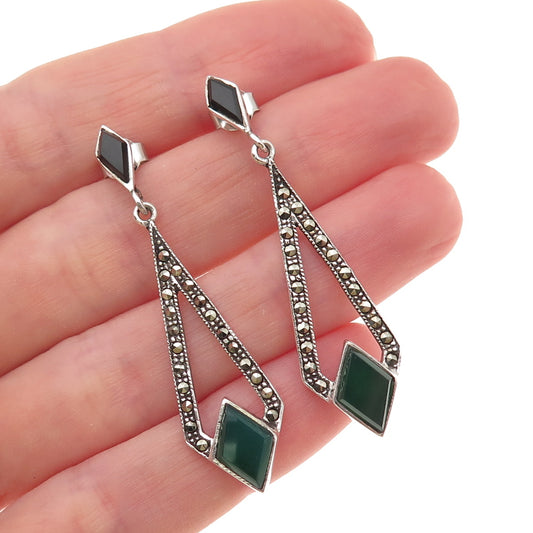 925 Sterling Silver Vintage Real Black & Green Onyx Marcasite Dangle Earrings