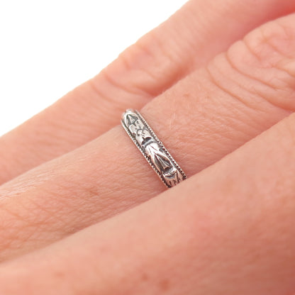 925 Sterling Silver Antique Art Deco Forget Me Not Oxidized Band Ring Size 5.25