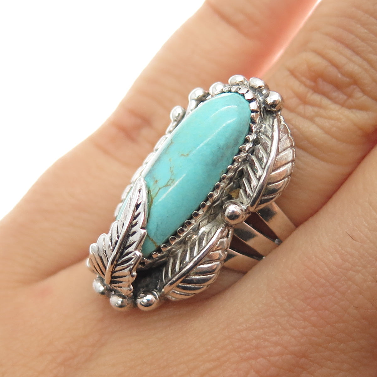 CAROL FELLEY 925 Sterling Silver Vintage 1996 Real Turquoise Feather Ring Size 7