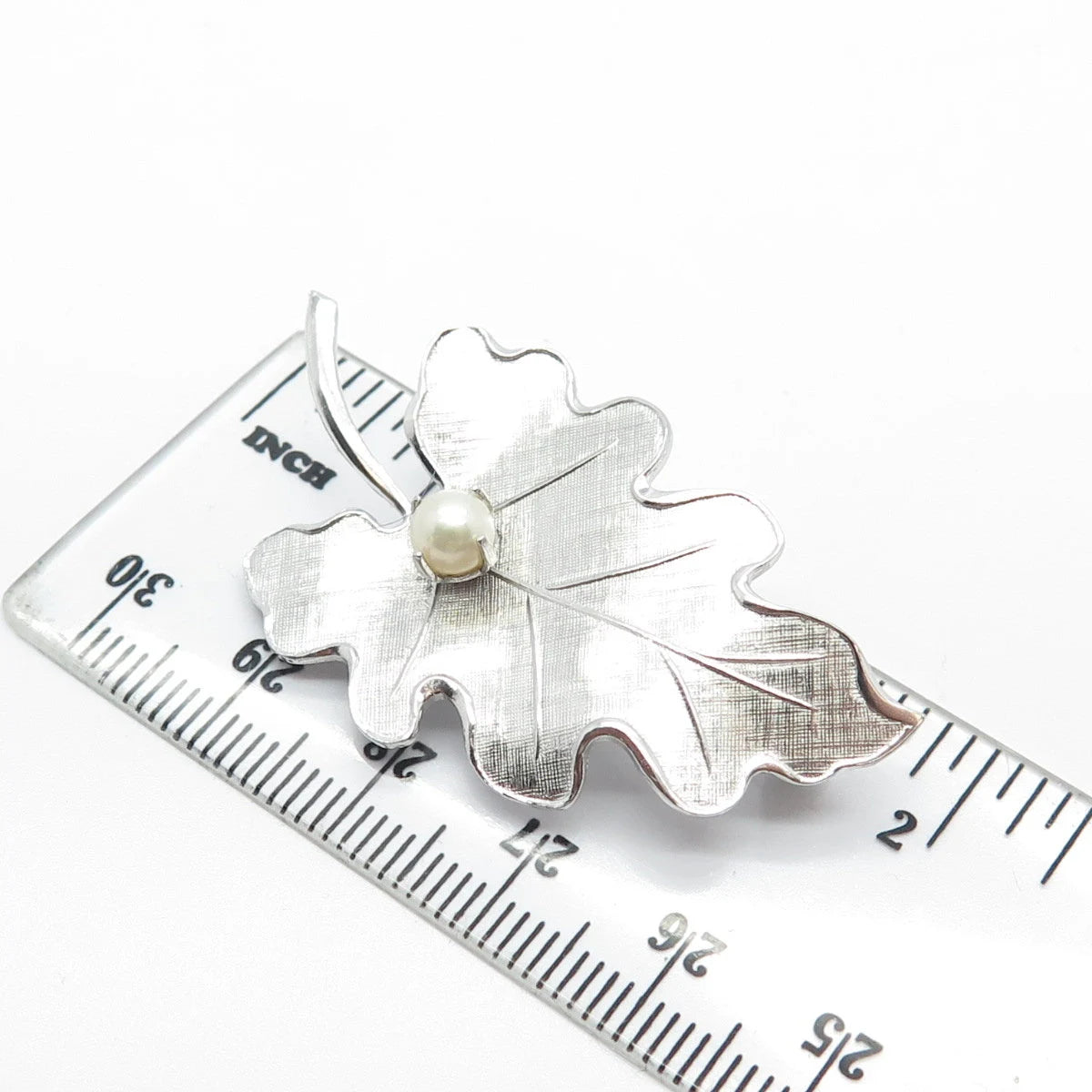 925 Sterling Silver Antique Carl Art Real Pearl Textured Leaf Pin Brooch