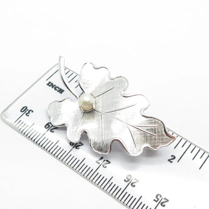925 Sterling Silver Antique Carl Art Real Pearl Textured Leaf Pin Brooch