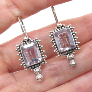 925 Sterling Silver Vintage Real Emerald-Cut Amethyst Granulated Dangle Earrings