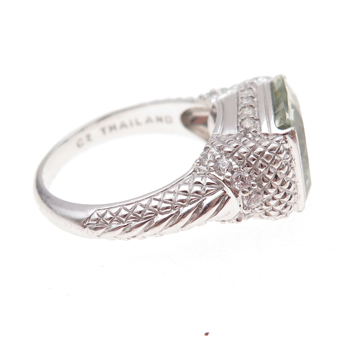 Judith Ripka 925 Sterling Silver Real Green Amethyst & C Z Ring Size 9.25