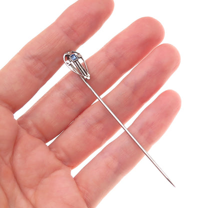 Silver-Plated Antique Art Deco Blue Rhinestone Teardrop Oxidized Lapel Pin
