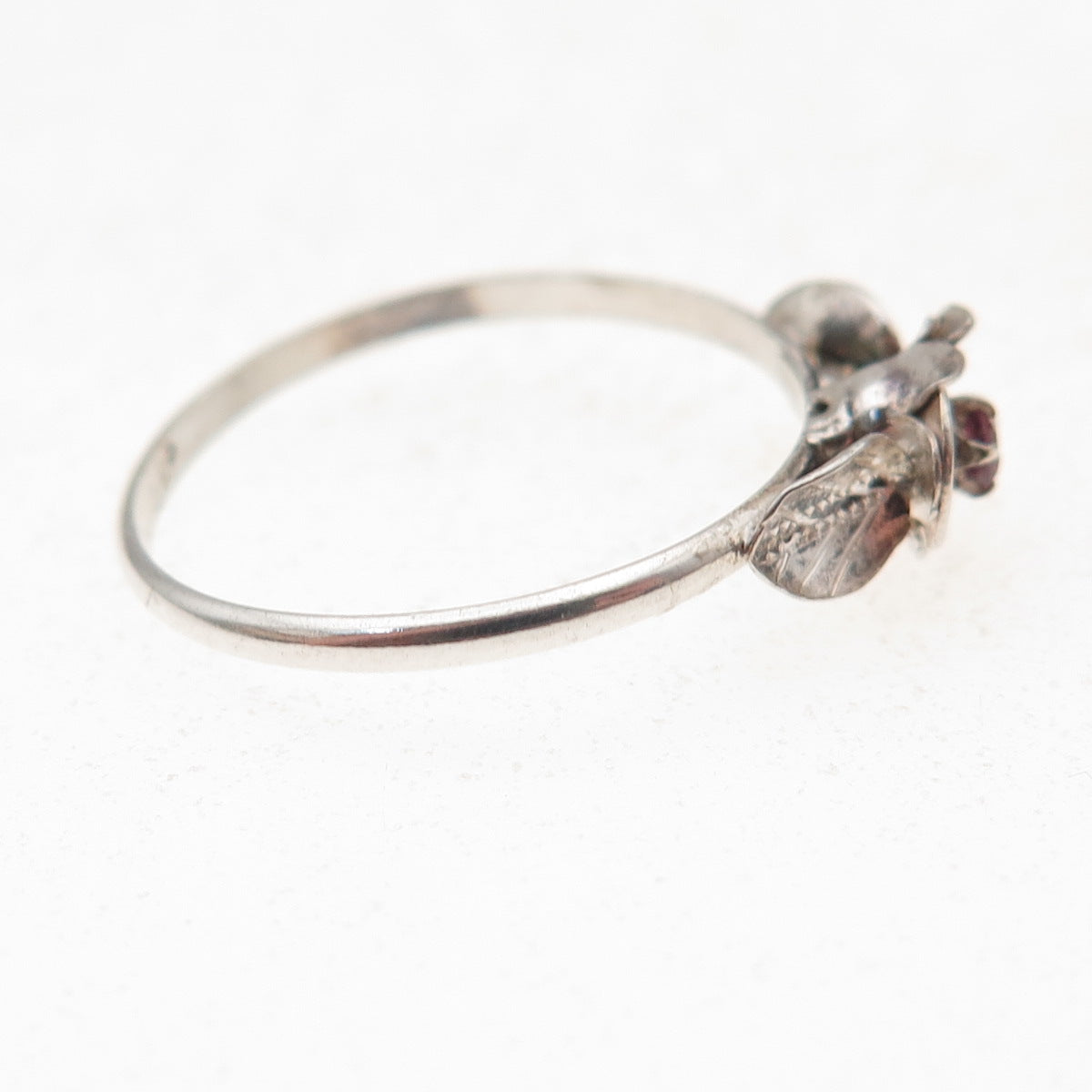 925 Sterling Silver Vintage Real Ruby Rose Flower Oxidized Ring Size 7.75