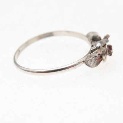 925 Sterling Silver Vintage Real Ruby Rose Flower Oxidized Ring Size 7.75
