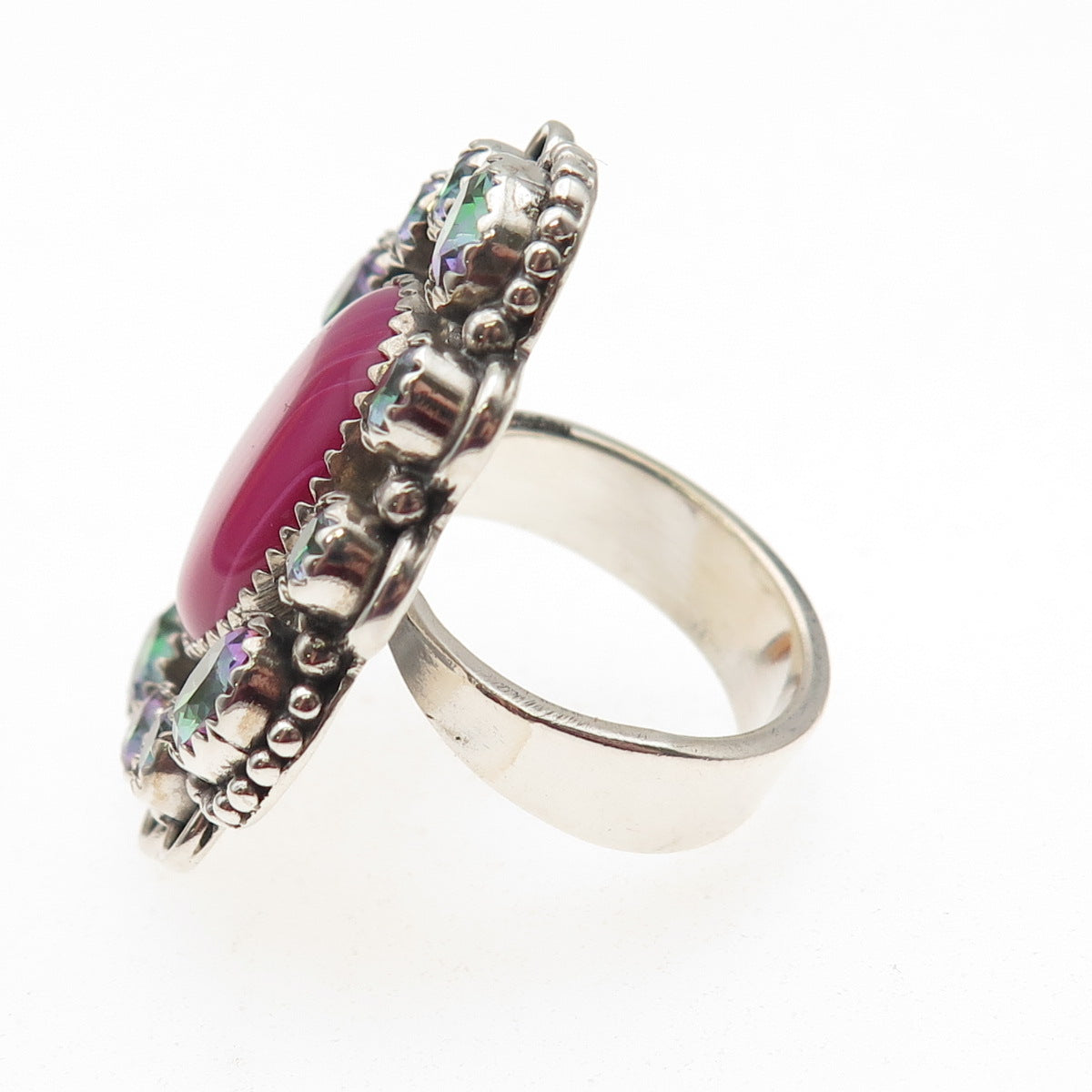 925 Sterling Vintage Real Pink Agate & Mystic Quartz Statement Ring Size 8.25