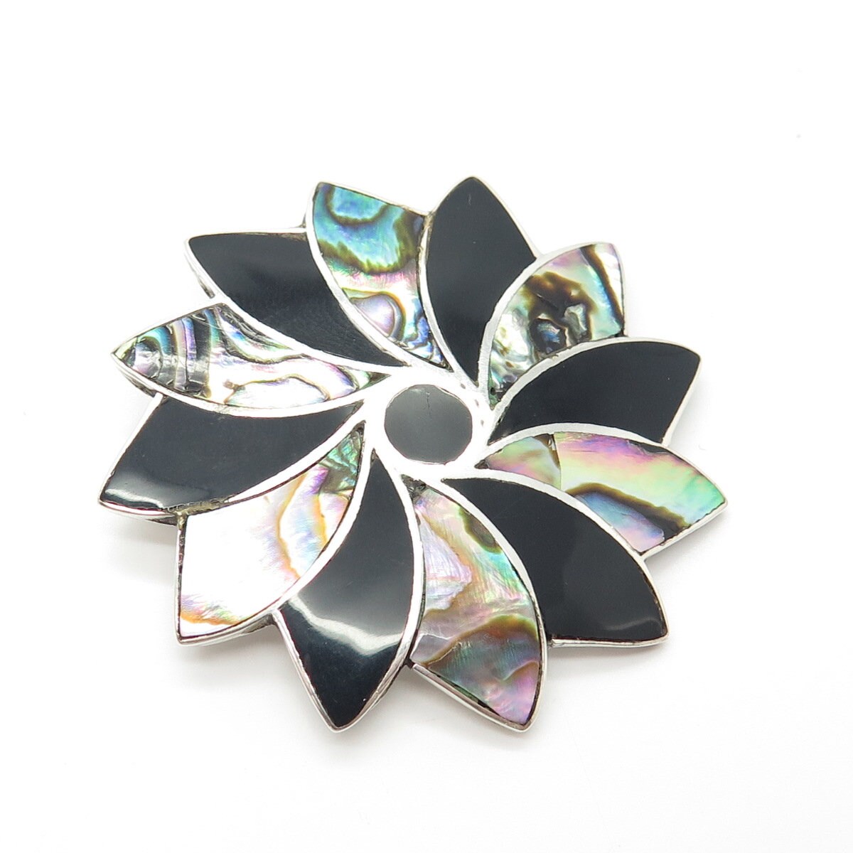 925 Sterling Silver Vintage Mexico Taxco Abalone Shell & Black Onyx Gem Brooch