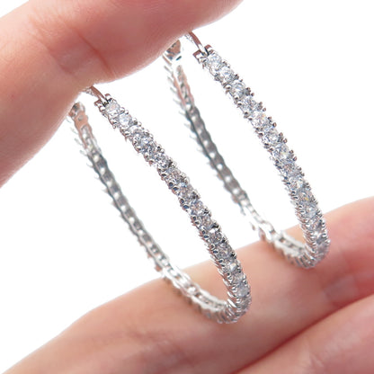 925 Sterling Silver Round-Cut C Z All Around Oval Hoop Earrings