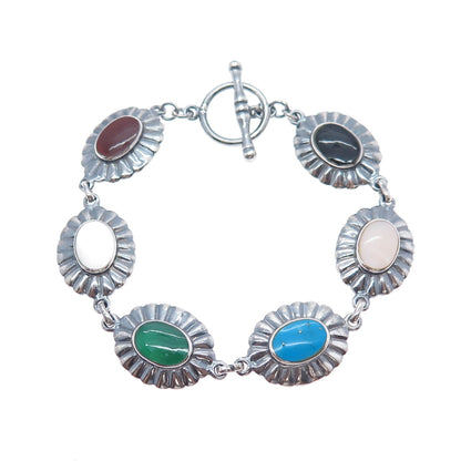 925 Sterling Vintage Turquoise Carnelian Black & Green Onyx MOP Bracelet 6.5"