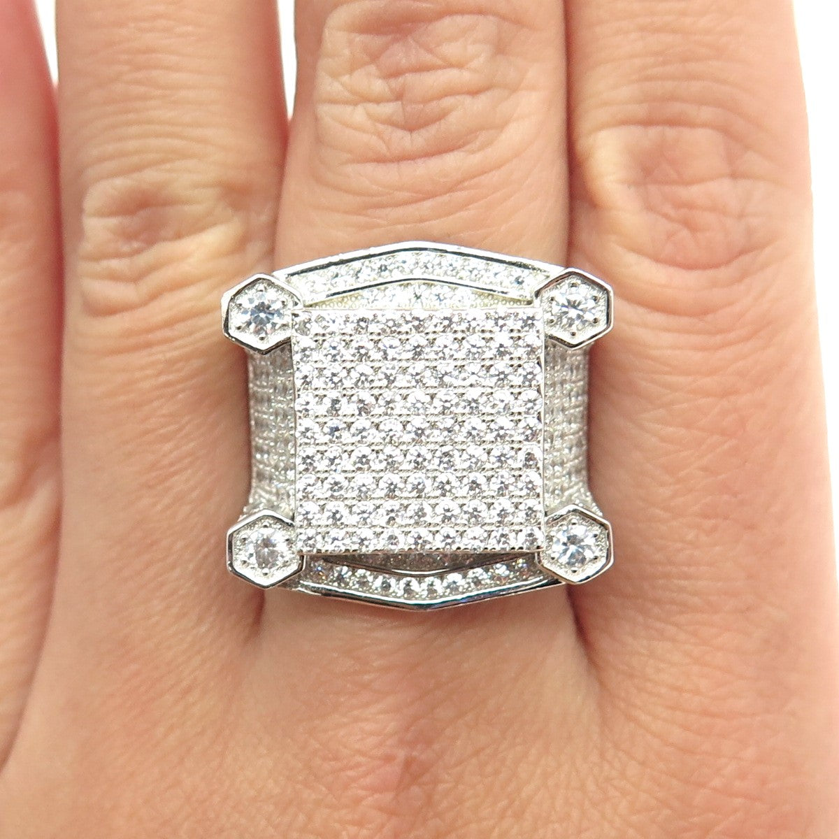 925 Sterling Silver Pave C Z Domed Ring Size 8.5