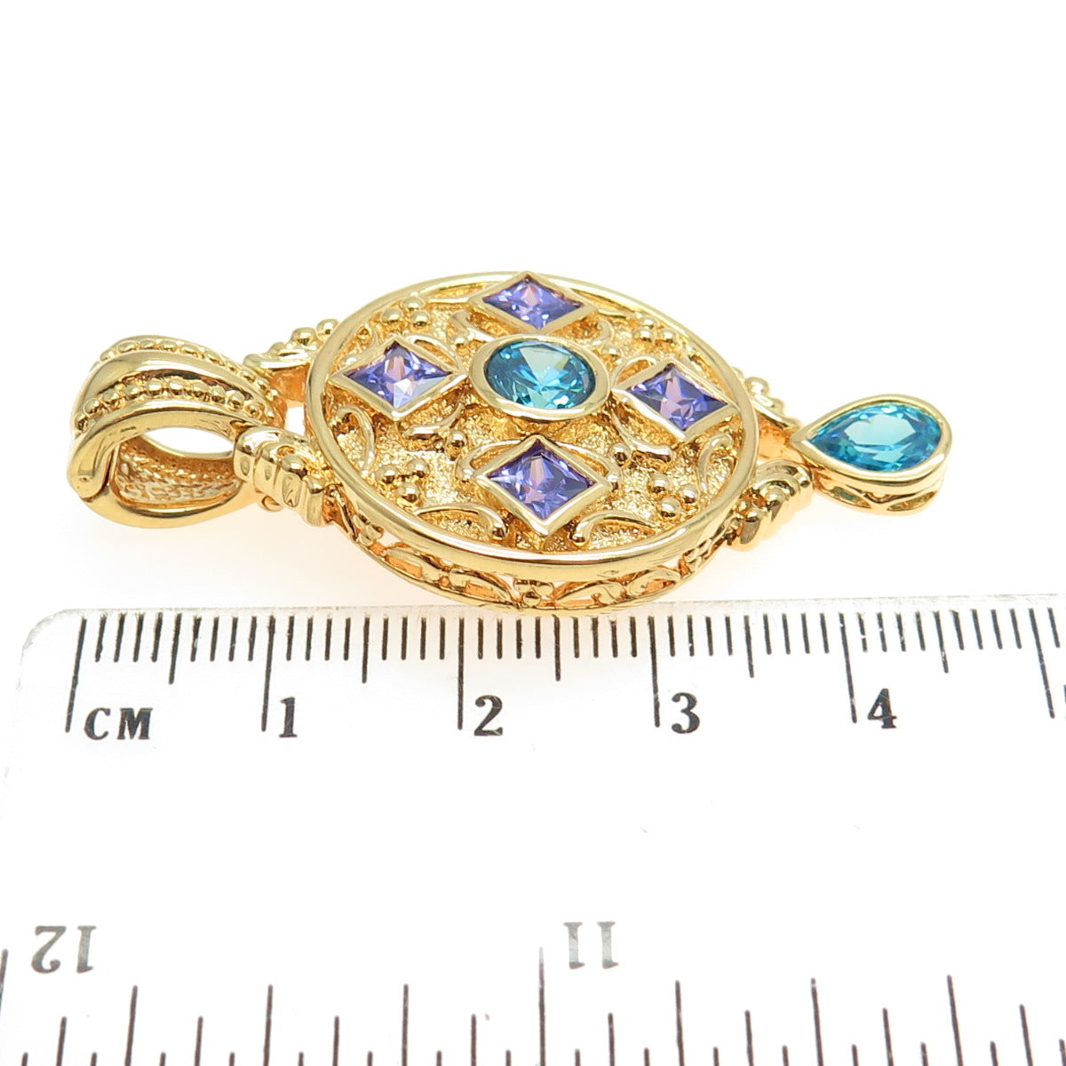 925 Sterling Silver Gold Plated Blue & Purple Multi-Cut C Z Pendant