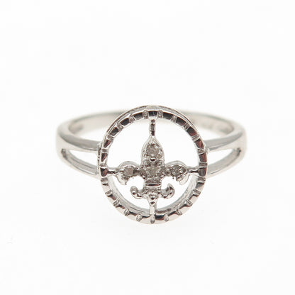 925 Sterling Silver Real Round-Cut Diamond Fleur de Lis Ring Size 6.75