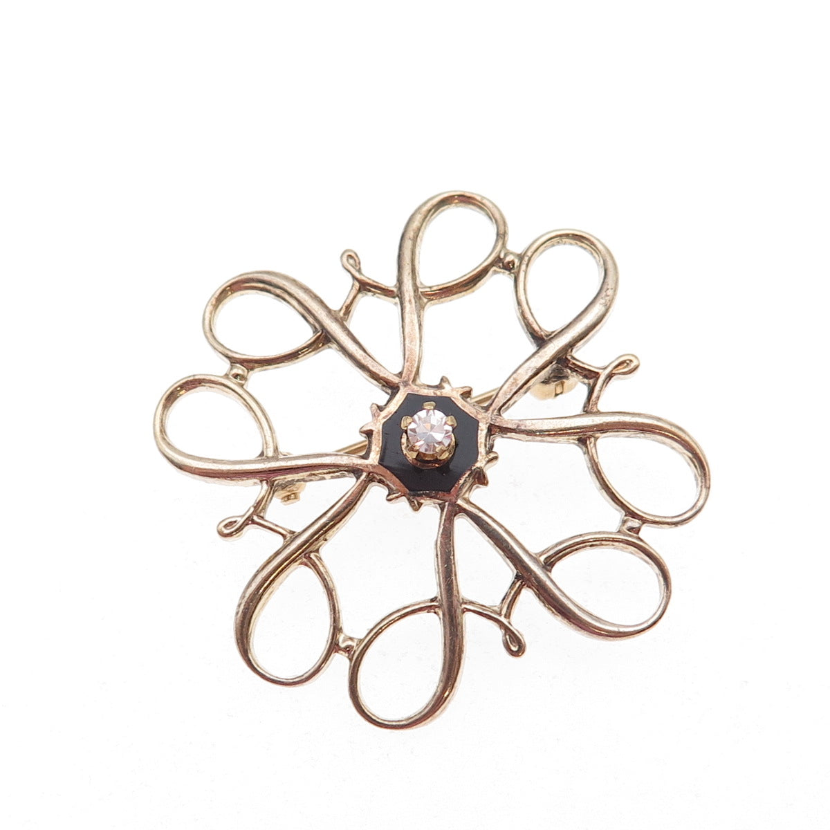 925 Sterling Gold Plated Antique Real Diamond & Black Onyx Floral Pin Brooch