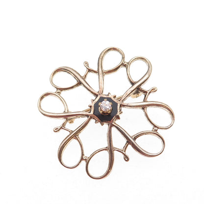 925 Sterling Gold Plated Antique Real Diamond & Black Onyx Floral Pin Brooch