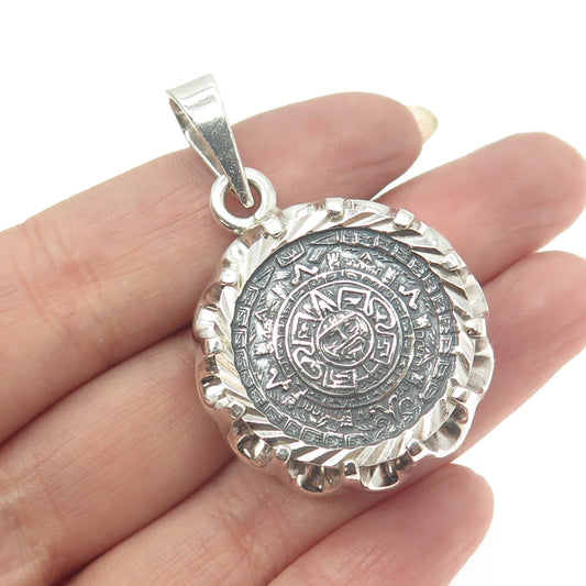 925 Sterling Silver Vintage Aztec Calendar Ornate Pendant