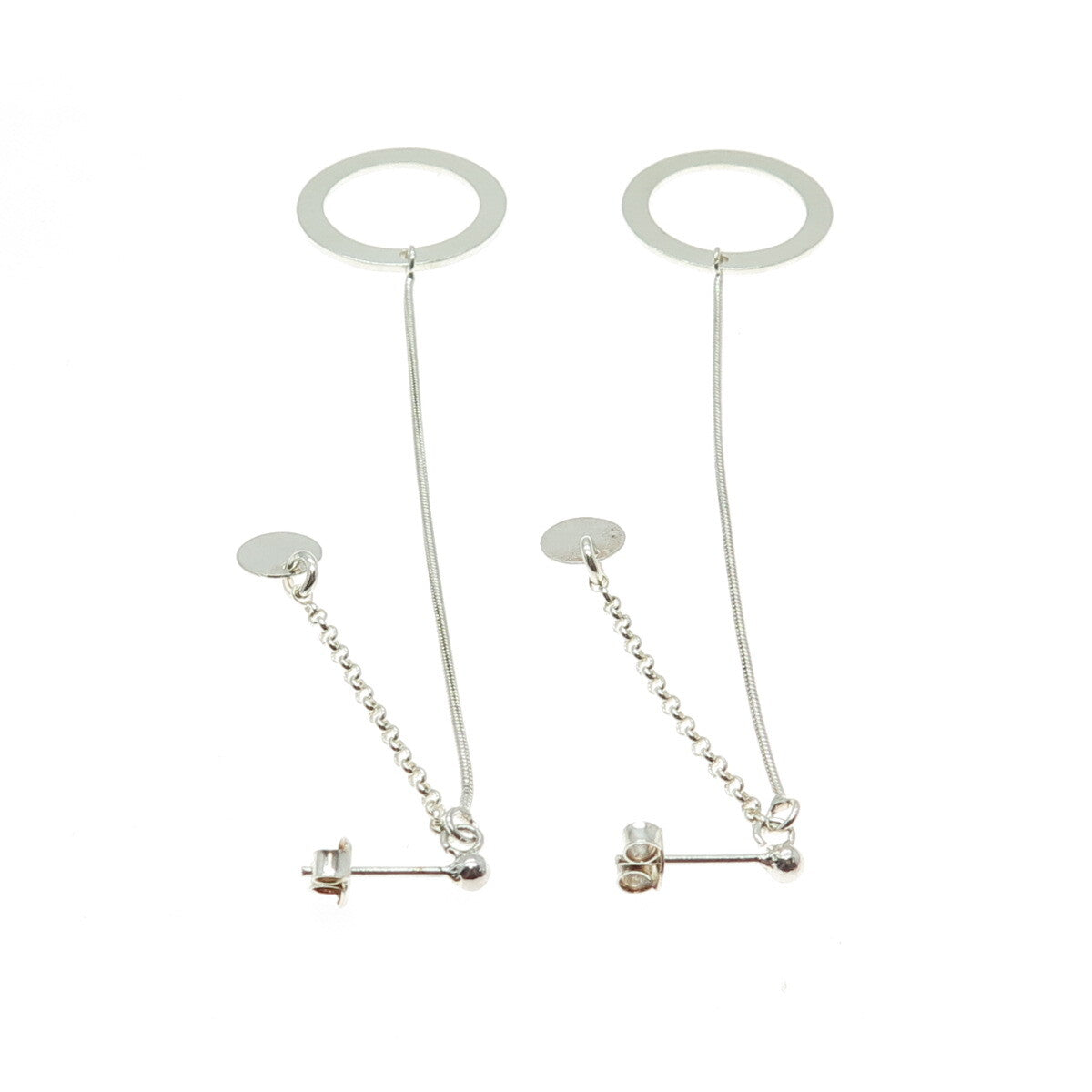 925 Sterling Silver Vintage Circle Snake & Rolo Chain Dangling Earrings