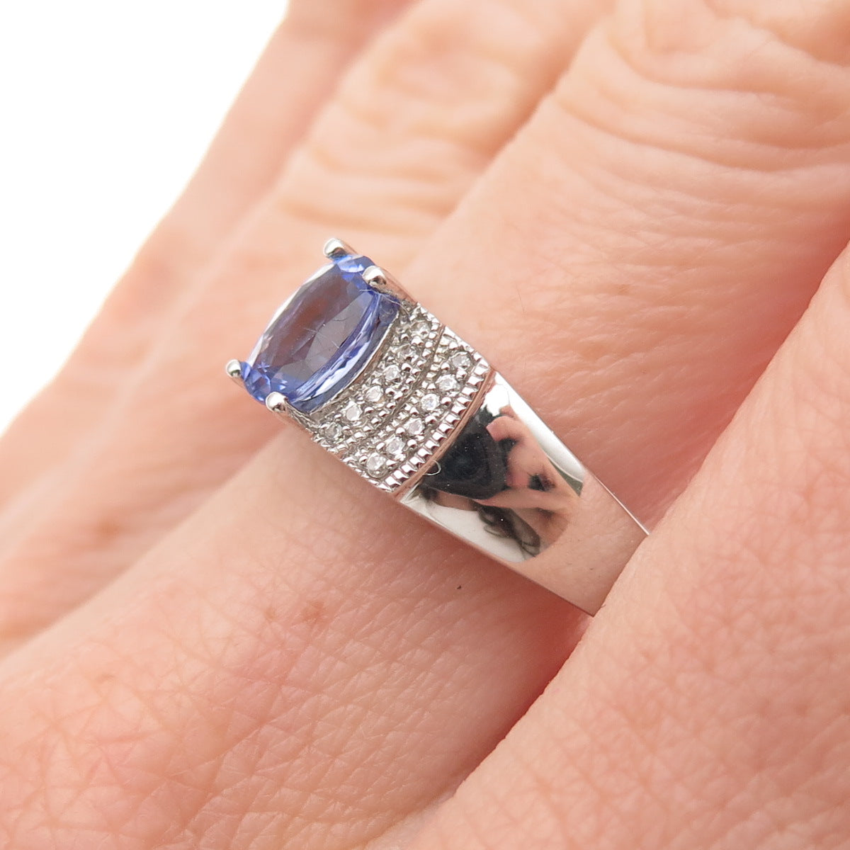 925 Sterling Silver Real Tanzanite & White Topaz Ring Size 8