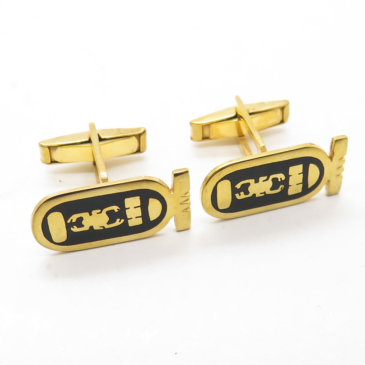 800 Silver Gold Plated Vintage Egypt Enamel Cartouche Beetle / Scarab Cufflinks