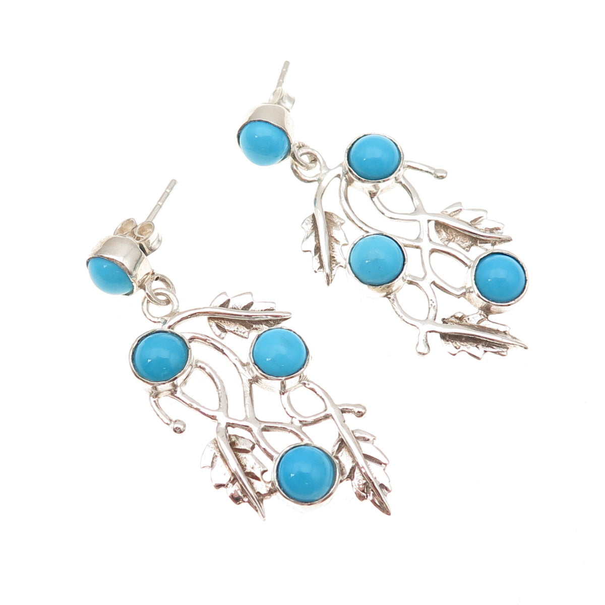 925 Sterling Vintage Real Sleeping Beauty Turquoise Floral Leaf Dangle Earrings