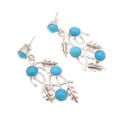 925 Sterling Vintage Real Sleeping Beauty Turquoise Floral Leaf Dangle Earrings