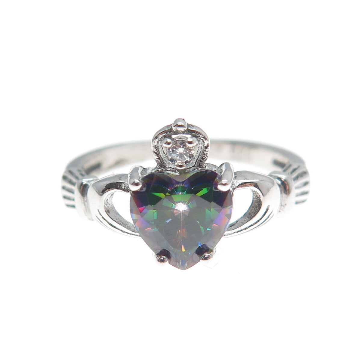 925 Sterling Silver Heart-Cut Mystic Quartz & C Z Irish Claddagh Ring Size 6