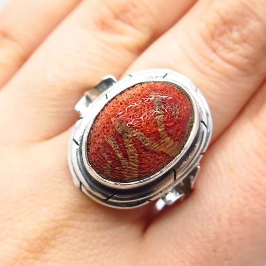 925 Sterling Silver Vintage Real Sponge Coral Ring Size 7