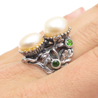 925 Sterling Silver Vintage Real Pearl Red Garnet & Peridot Ring Size 8.25