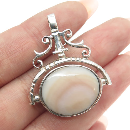 925 Sterling Silver Vintage Mother-of-Pearl Black Onyx Gem Double Sided Pendant