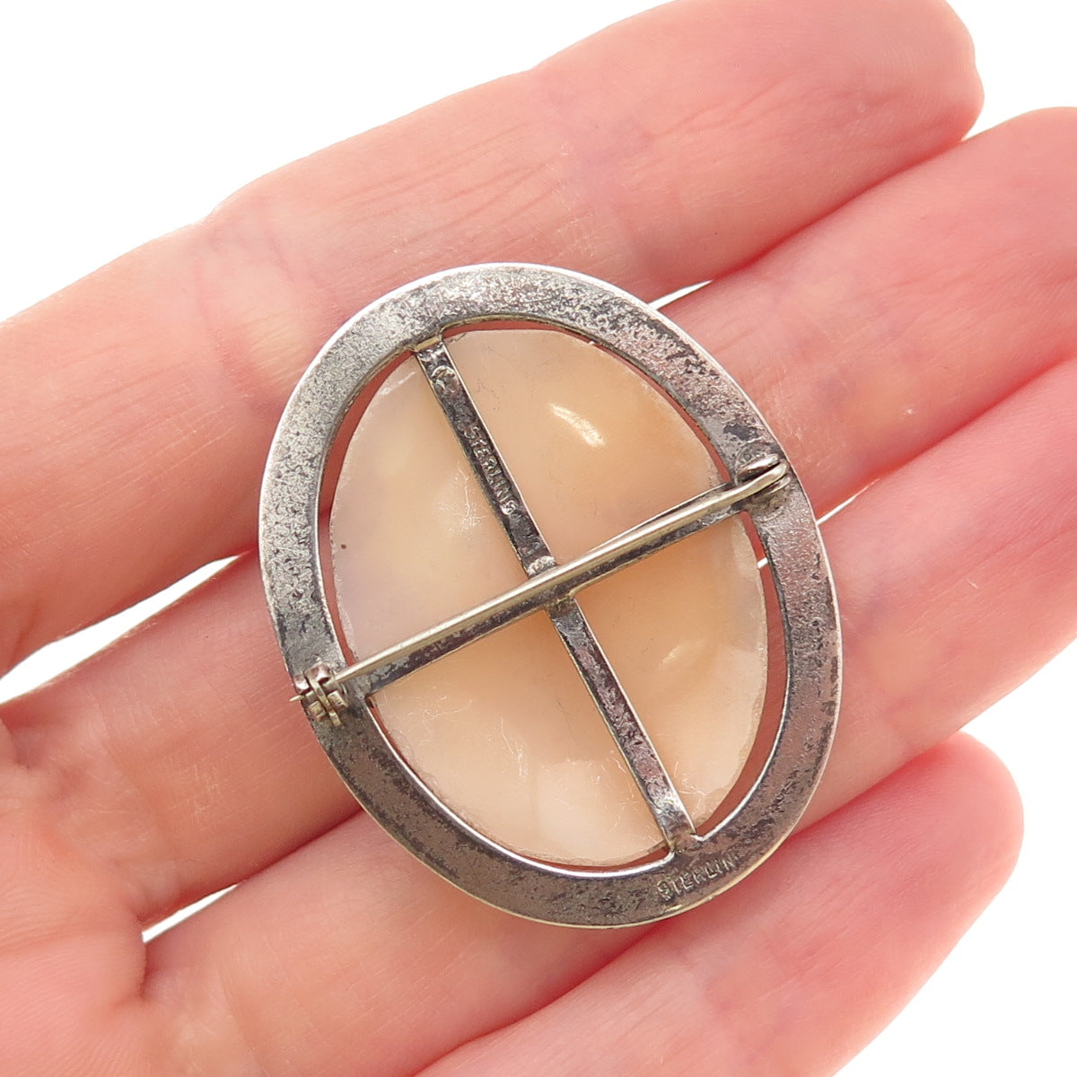 925 Sterling Silver Antique Art Deco Real MOP Carved Lady Cameo Pin Brooch