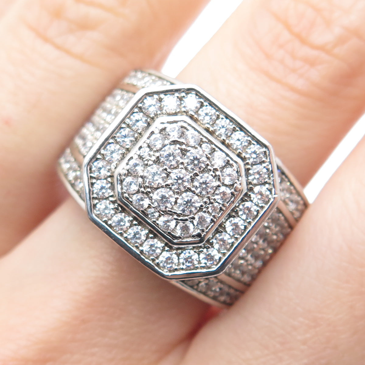 925 Sterling Silver Round-Cut C Z Octagon Ring Size 9.75