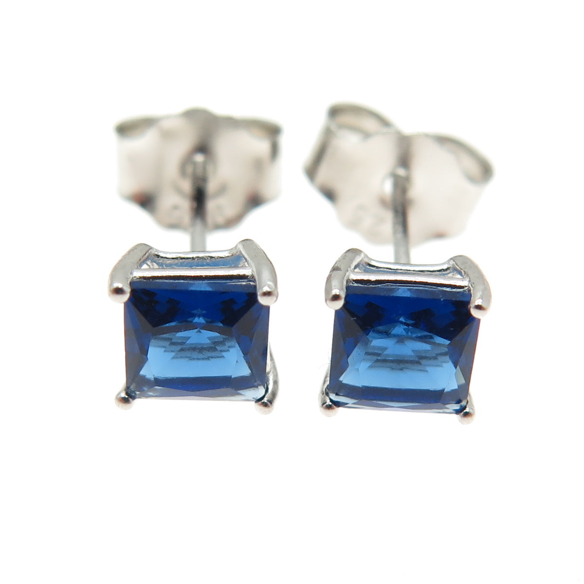 925 Sterling Silver Princess-Cut Shaped Ocean Blue C Z Stud Earrings