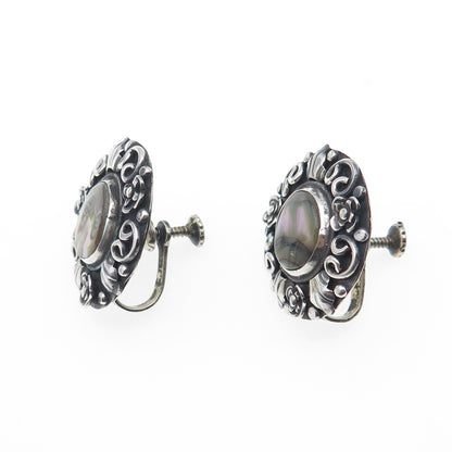 925 Sterling Vintage Mexico Real Abalone Shell Oxidized Screw Back Earrings