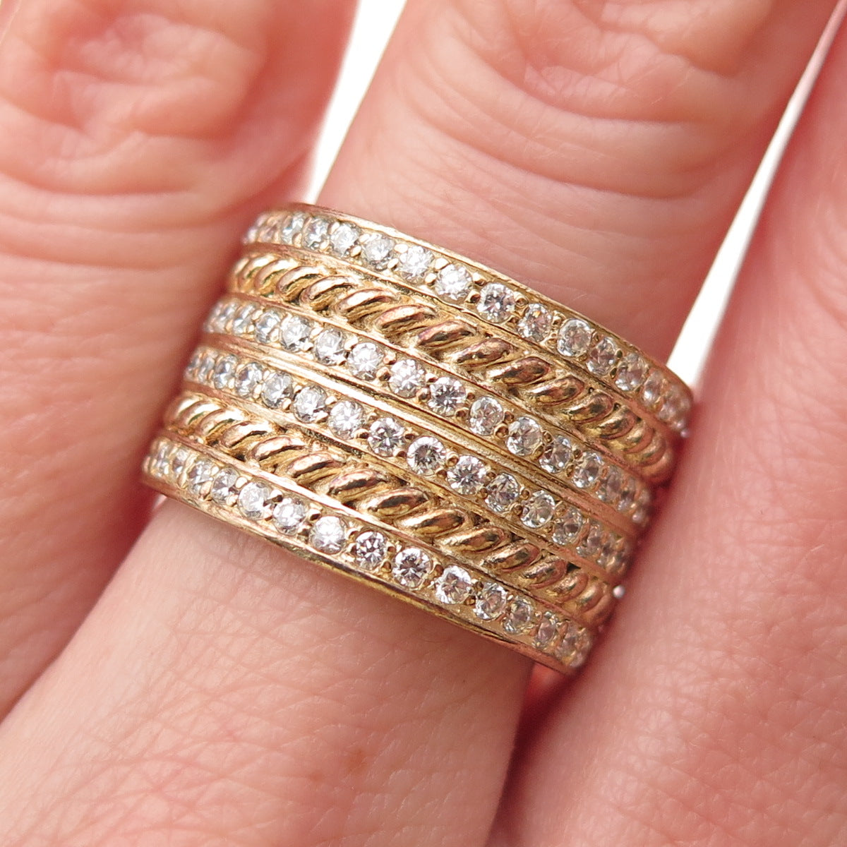 SONIA B. 925 Sterling Silver Gold Plated Round-Cut C Z Wide Band Ring Size 7.5