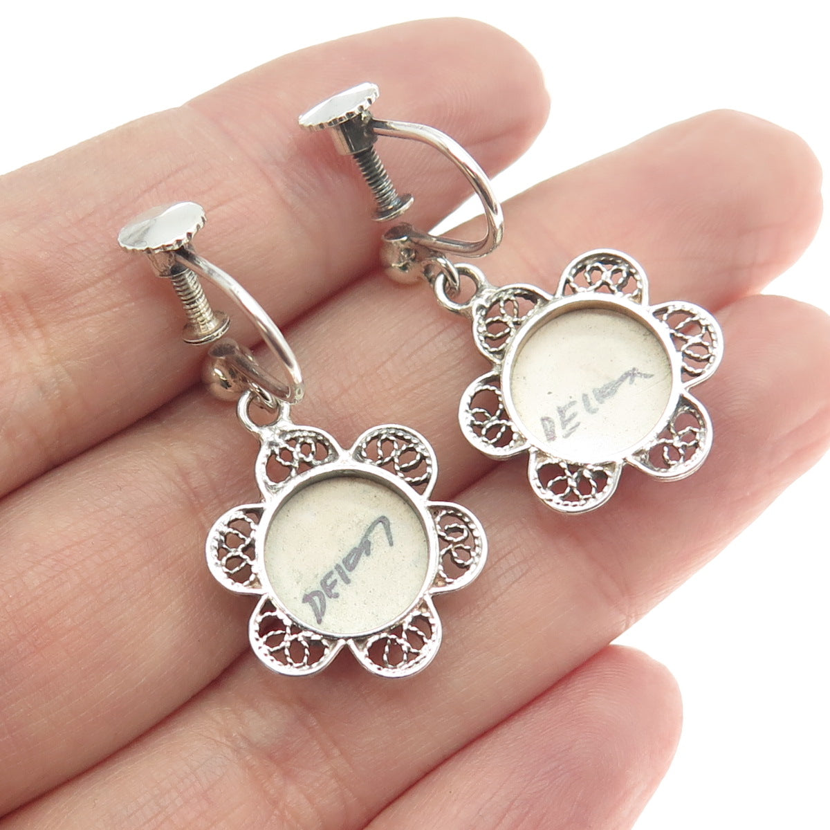 DELFT 925 Sterling Silver Vintage Ceramic Old Mill Filigree Screw Back Earrings