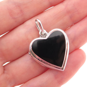 925 Sterling Silver Vintage Real Black Onyx Heart Locket Charm Pendant
