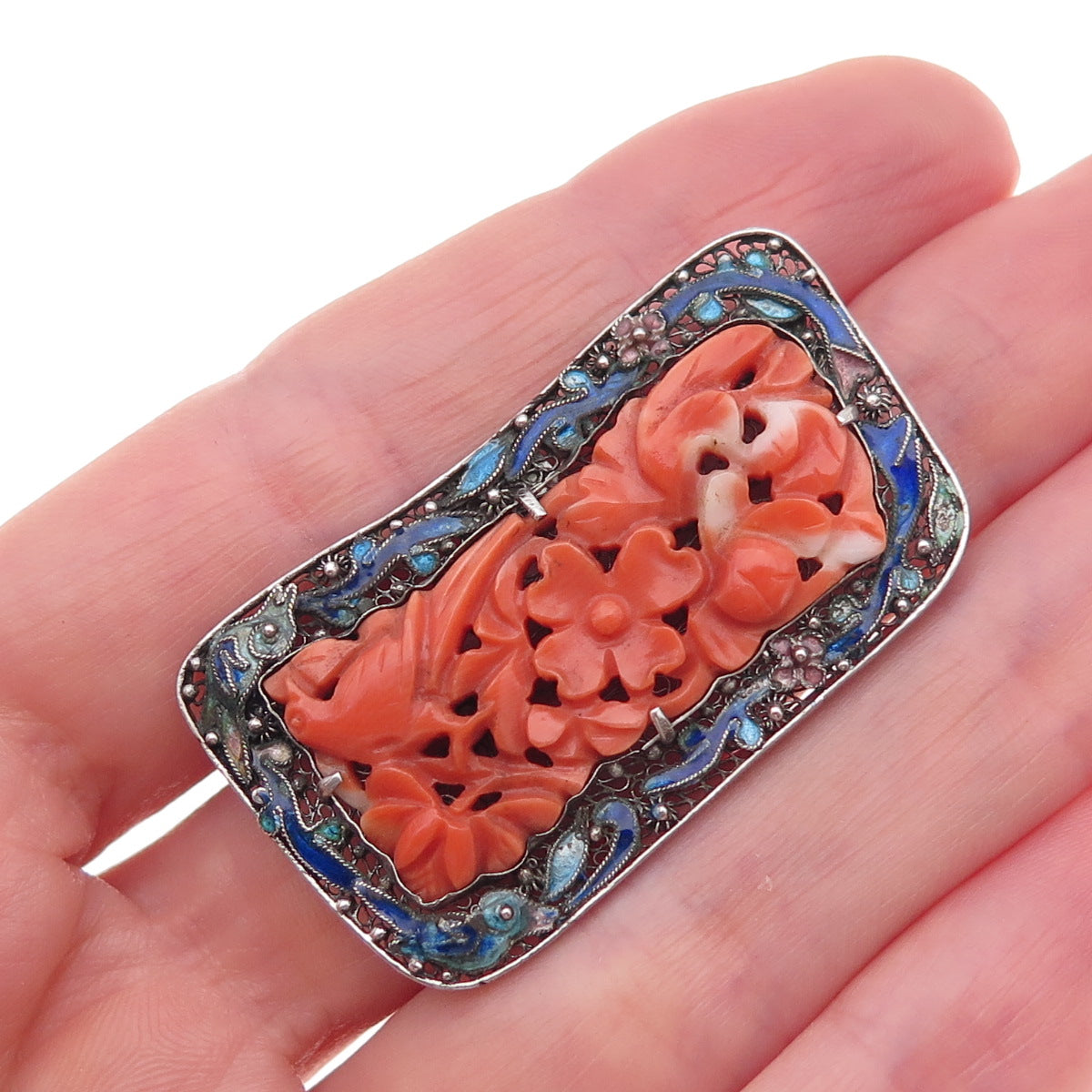 925 Sterling Silver Antique China Real Coral & Enamel Floral Filigree Pin Brooch