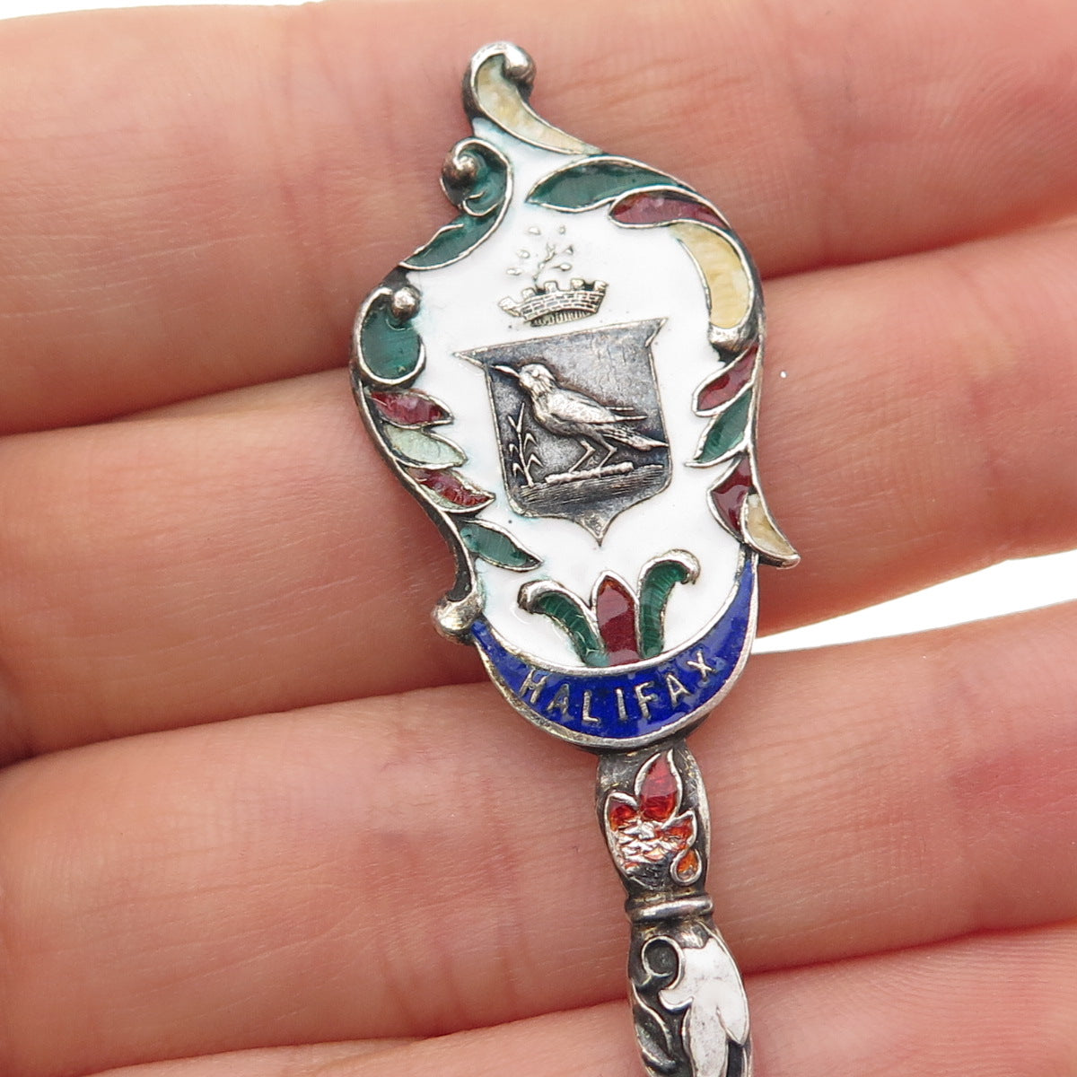 925 Sterling Silver Antique Art Deco Enamel Halifax Coat of Arms Coffee Spoon