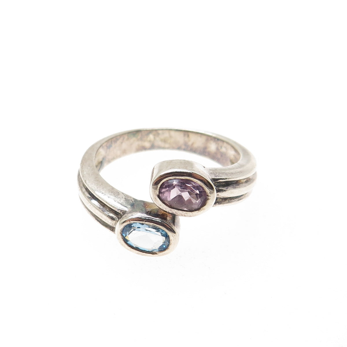925 Sterling Silver Vintage Real Blue Topaz & Amethyst Adjustable Ring Size 7.75