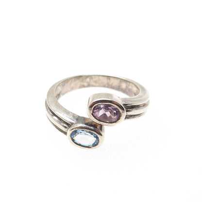 925 Sterling Silver Vintage Real Blue Topaz & Amethyst Adjustable Ring Size 7.75