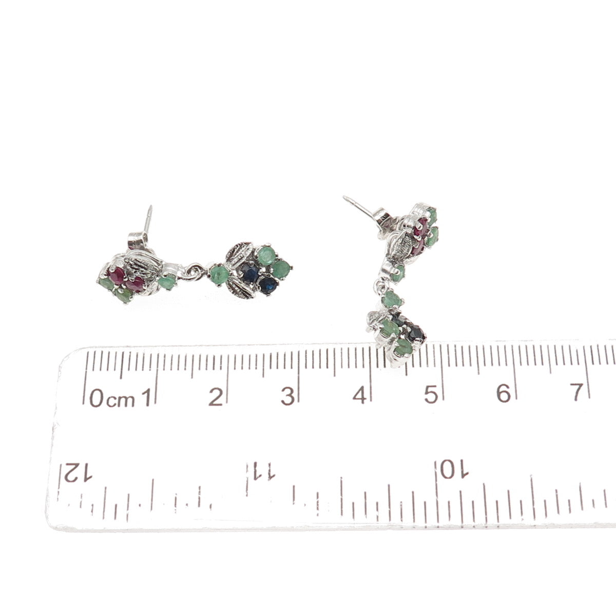 925 Sterling Silver Vintage Real Ruby Emerald & Sapphire Floral Dangle Earrings