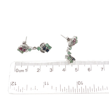 925 Sterling Silver Vintage Real Ruby Emerald & Sapphire Floral Dangle Earrings