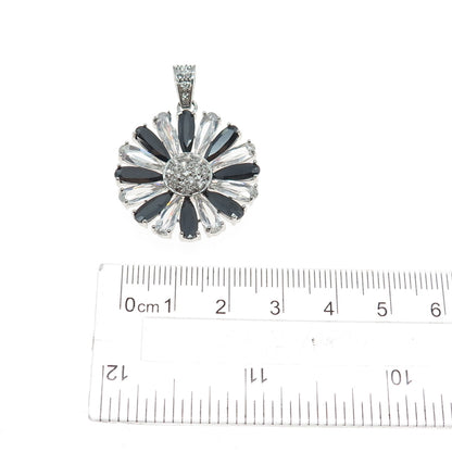 925 Sterling Silver Black & White C Z Daisy Flower Charm Pendant