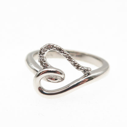 Sun 925 Sterling Silver Real Round-Cut Diamond Heart Ring Size 6.75