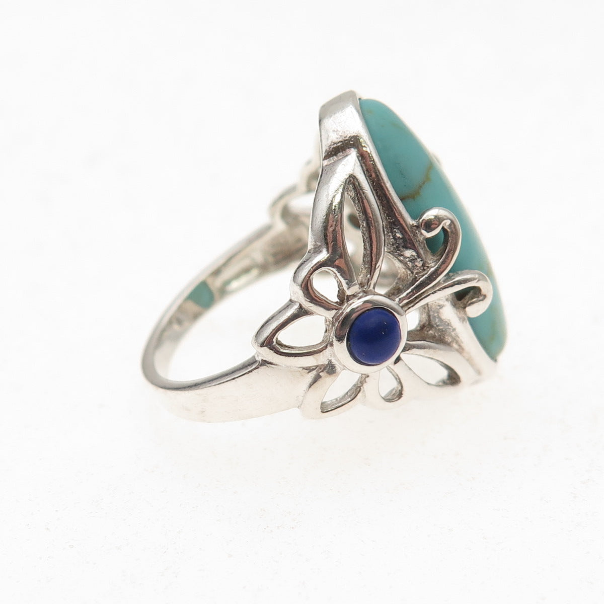 925 Sterling Silver Vintage Real Turquoise & Lapis Butterfly Ring Size 6