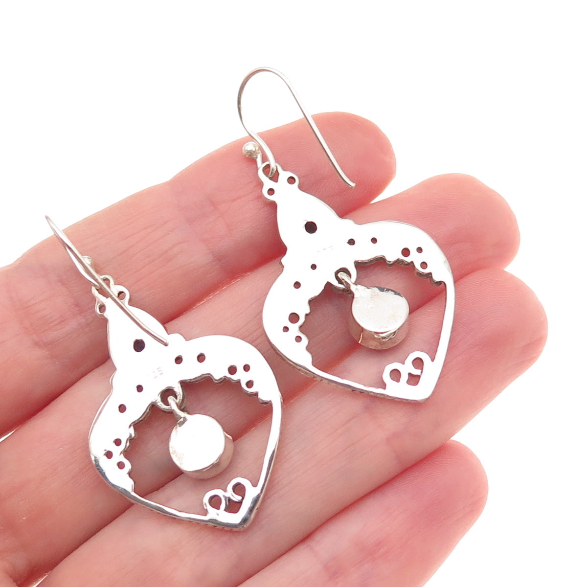 925 Sterling Silver Vintage Real Turquoise Iolite Heart Oxidized Dangle Earrings