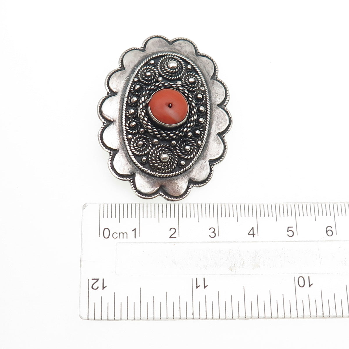 935 Silver Antique Art Deco Israel Real Coral Oxidized Pin Brooch