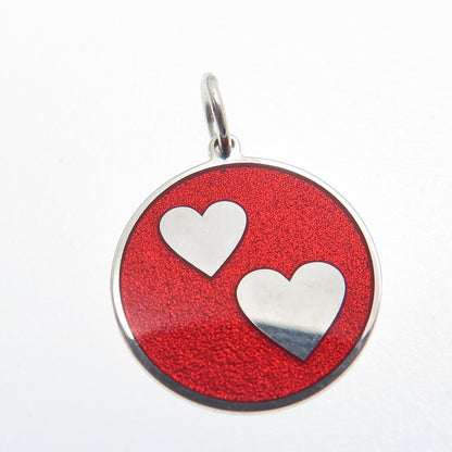 925 Sterling Silver Red Enamel Couple Hearts Round Tag Minimalist Charm Pendant