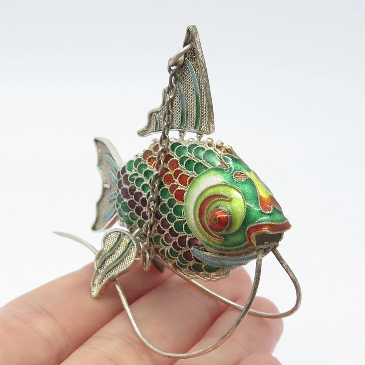 925 Sterling Silver Antique Enamel Chinese Koi Fish Articulated Chatelaine Fob